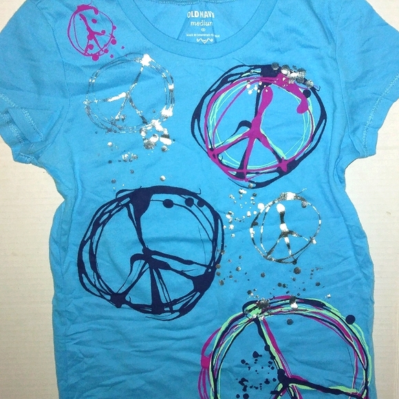 ☆NWT☆OLD NAVY☆Girls Beautiful Blue Peace Sign Print Short Sleeve T-shirt ~Med~ - Picture 8 of 11